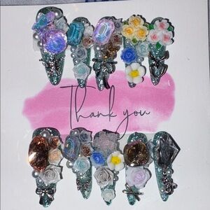 Handmade Floral Crystal Accent Nail Tips - Green
